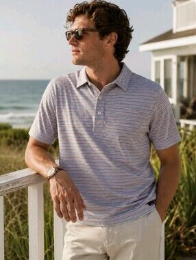 Faherty Movement Horizon Line Light Blue and Pink Fine-Stripe Polo L